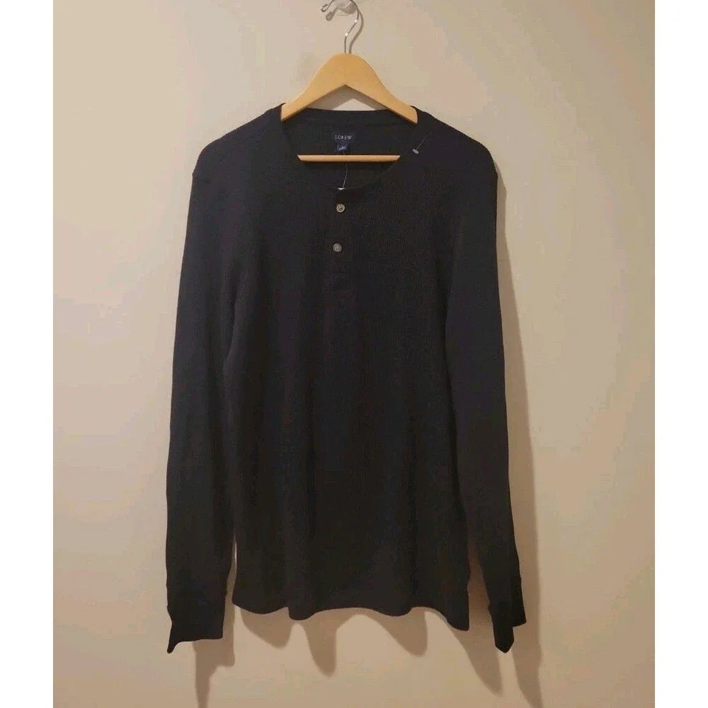 NWT J.Crew Men’s Thermal Waffle Henley Long Sleeve Shirt Black Size L G8217